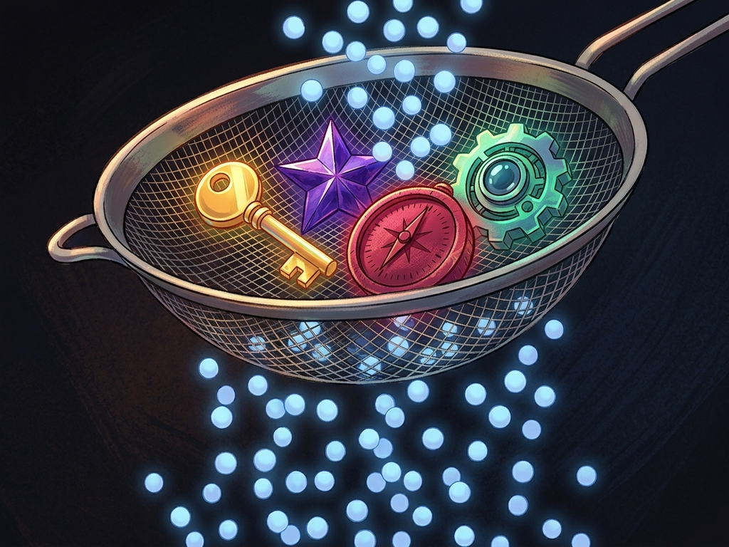 مصفاة كبيرة مائلة يمر عبرها أشكال هندسية متنوعة، ترمز إلى كيف قد يفشل الفلتر في تمييز المواهب غير التقليدية.