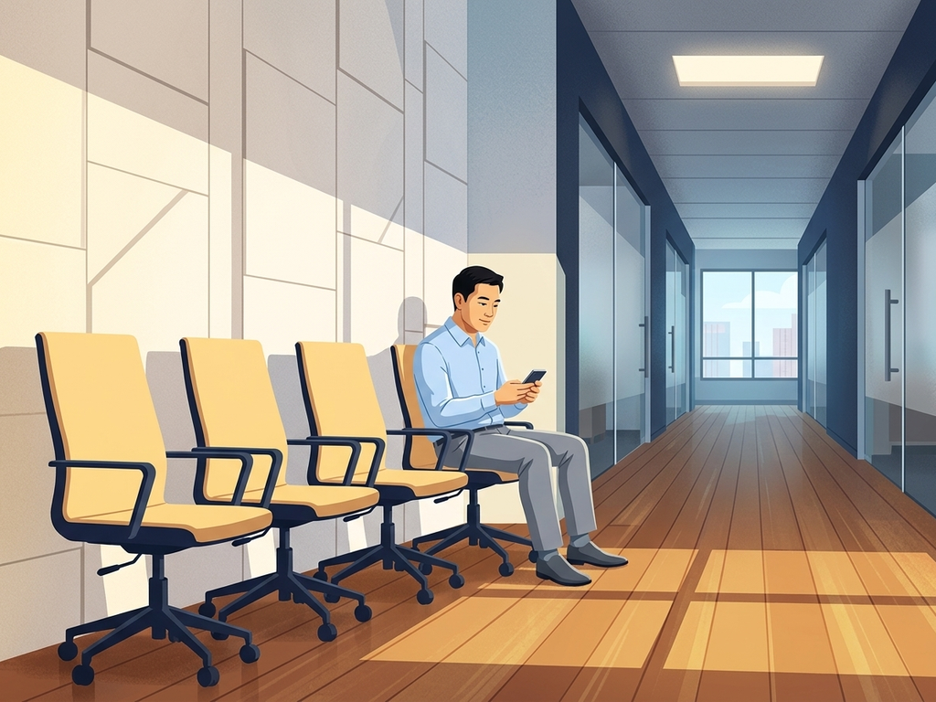 Une rangée de cinq chaises de bureau identiques dans une salle d'attente, chacune avec un petit objet personnel laissé derrière, suggérant de vraies personnes derrière chaque candidature.