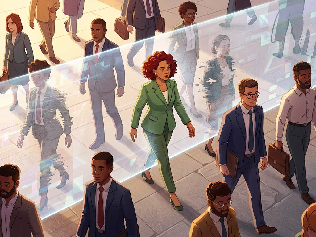 مجموعة واسعة من المهنيين المتنوعين تُفلَتر عبر شاشة رقمية، مع استبعاد بعضهم بشكل غير عادل، توضح انحياز الخوارزميات في التوظيف.