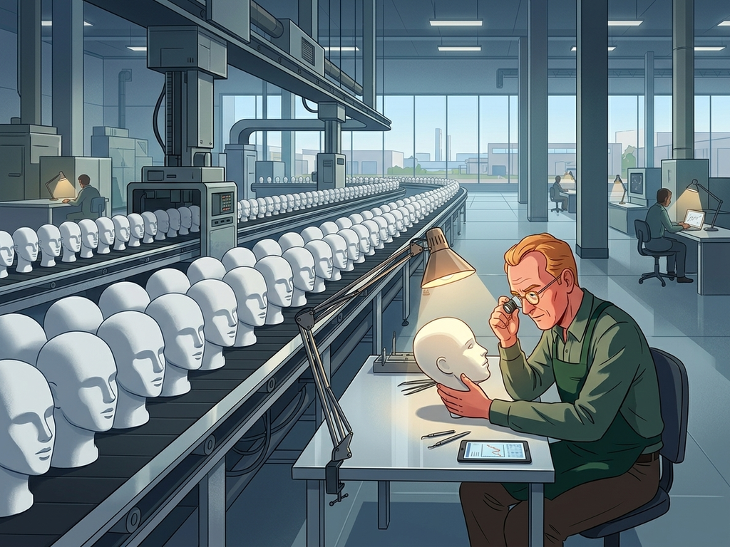 صف طويل من رؤوس دمى بيضاء متماثلة على سير صناعي، مع شخص واحد يفحص بعناية رأسًا واحدًا تحت مصباح.