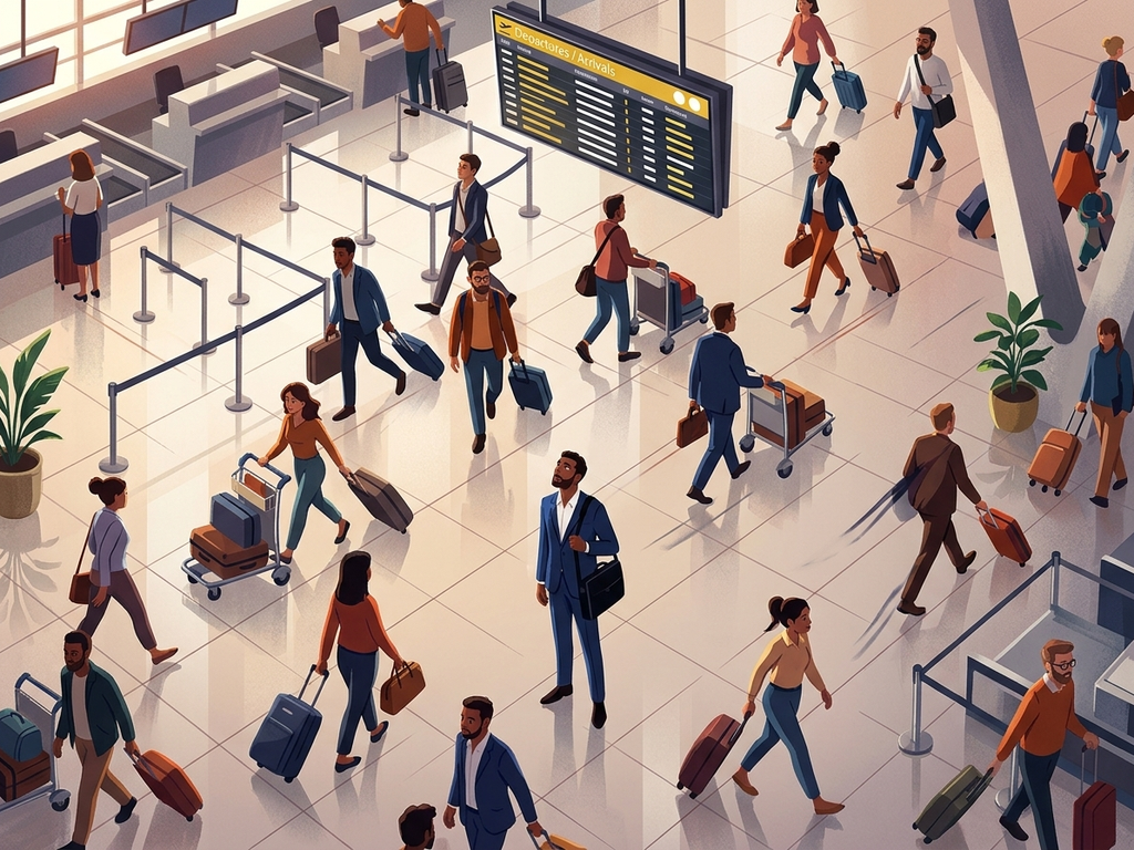قاعة وصول مزدحمة في مطار من منظور علوي، مع مسافرين متنوعين يسحبون أمتعتهم عبر صالة حديثة.