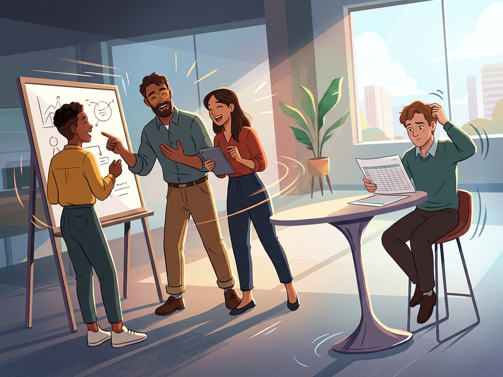 فريق صغير يتعاون بينما يكافح شخص آخر وحيدًا مع جدول بيانات، مما يوضّح التقييم غير المتسق.