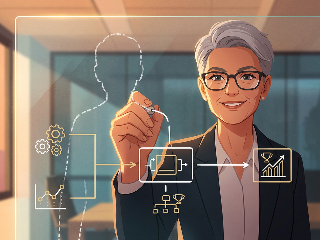 قائد التوظيف يرسم مسار المرشح من إشارات القدرات إلى النتائج على لوح زجاجي.