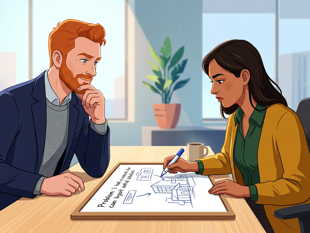 زميلان يرسمان مخططًا للمشكلة الحقيقية التي يجب حلها قبل صياغة تعريف الدور.