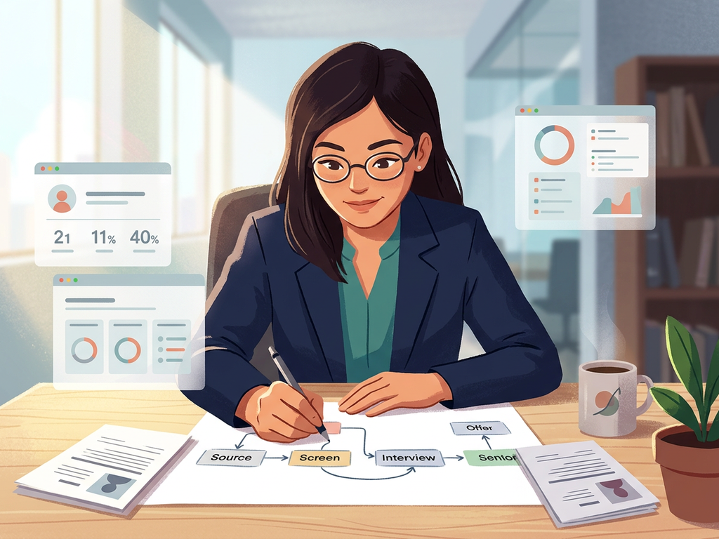 مشغل توظيف يرسم خرائط الاستقطاب والفرز والمقابلات والعروض بينما تطفو مؤشرات الأداء بالقرب.