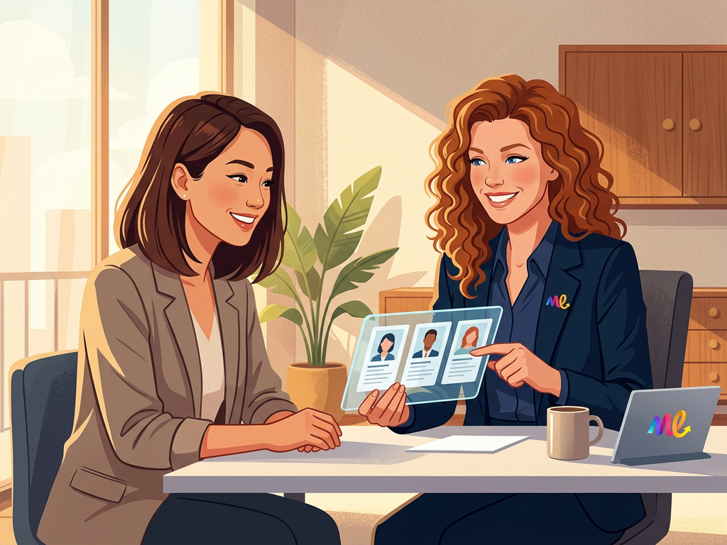 مساعد على نمط المجند يقدم قائمة مختصرة مركزة لمدير التوظيف باستخدام MEg على الشاشة.