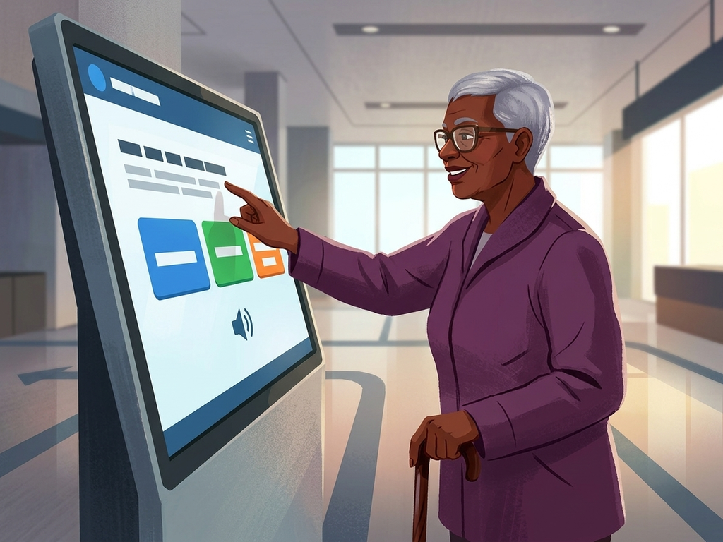 Ein großer Touchscreen-Kiosk in einem öffentlichen Raum, der eine Oberfläche mit mehreren Eingabemodi anzeigt, darunter Touch, Sprache und Brailleschrift.