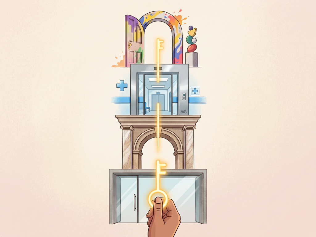 كومة رأسية من أبواب مميزة بمفاتيح متطابقة، تمثل كيف تفتح micro-LLMs المتخصصة الملاءمة الصحيحة لكل دور.