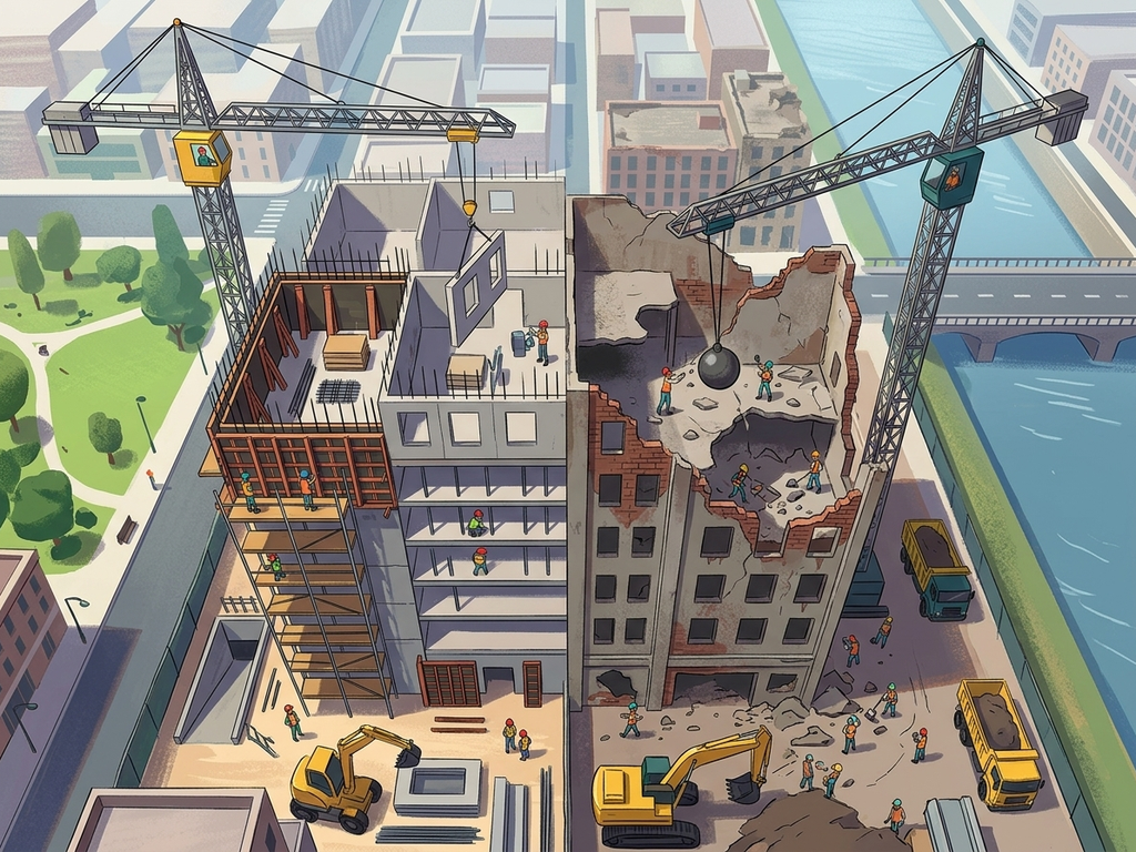 Aerial view of a construction site where half the structure is built