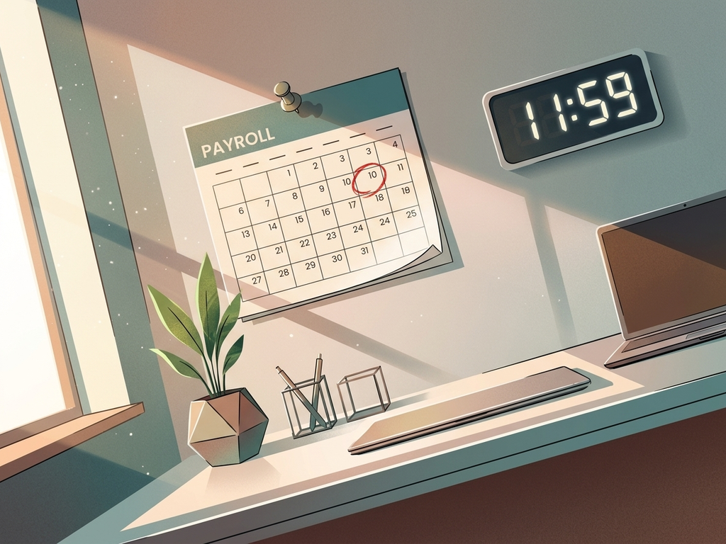 Um calendário de folha de pagamento fixado na parede do escritório com datas circuladas destacando prazos de pagamento do WPS e marcos de gratificação.