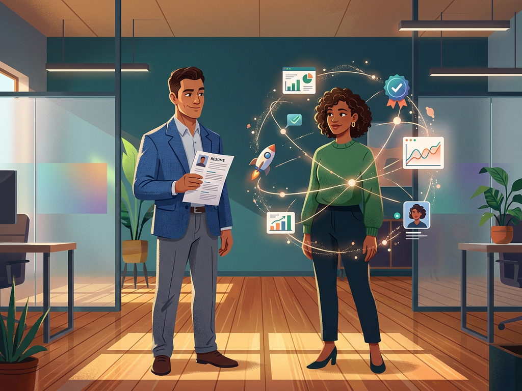 مرشحان واقفان معًا بينما أحدهما محاط بإشارات قدرة ونتائج أغنى تتجاوز السيرة الذاتية.