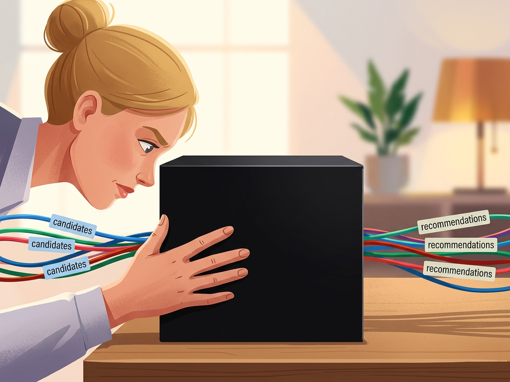شخص يفحص جهازًا صندوقيًا يحوّل مدخلات المرشحين إلى توصيات غامضة.